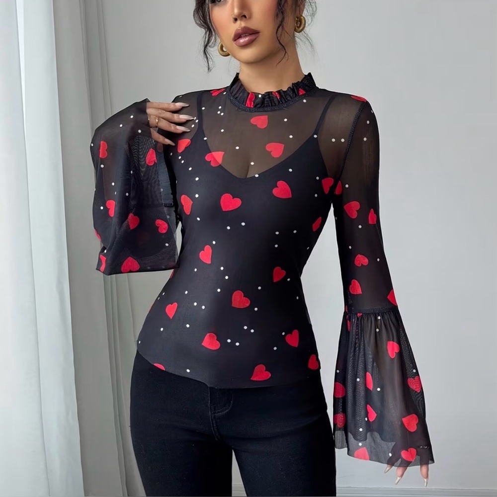 *SALE* Sheer Black Heart-Print Bell Sleeve Blouse